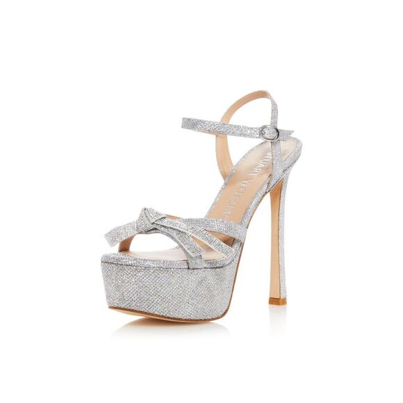 NWT STUART WEITZMAN Womens Silver Bow 2 Inch Platform Open Heeled Sandal 9.5 B